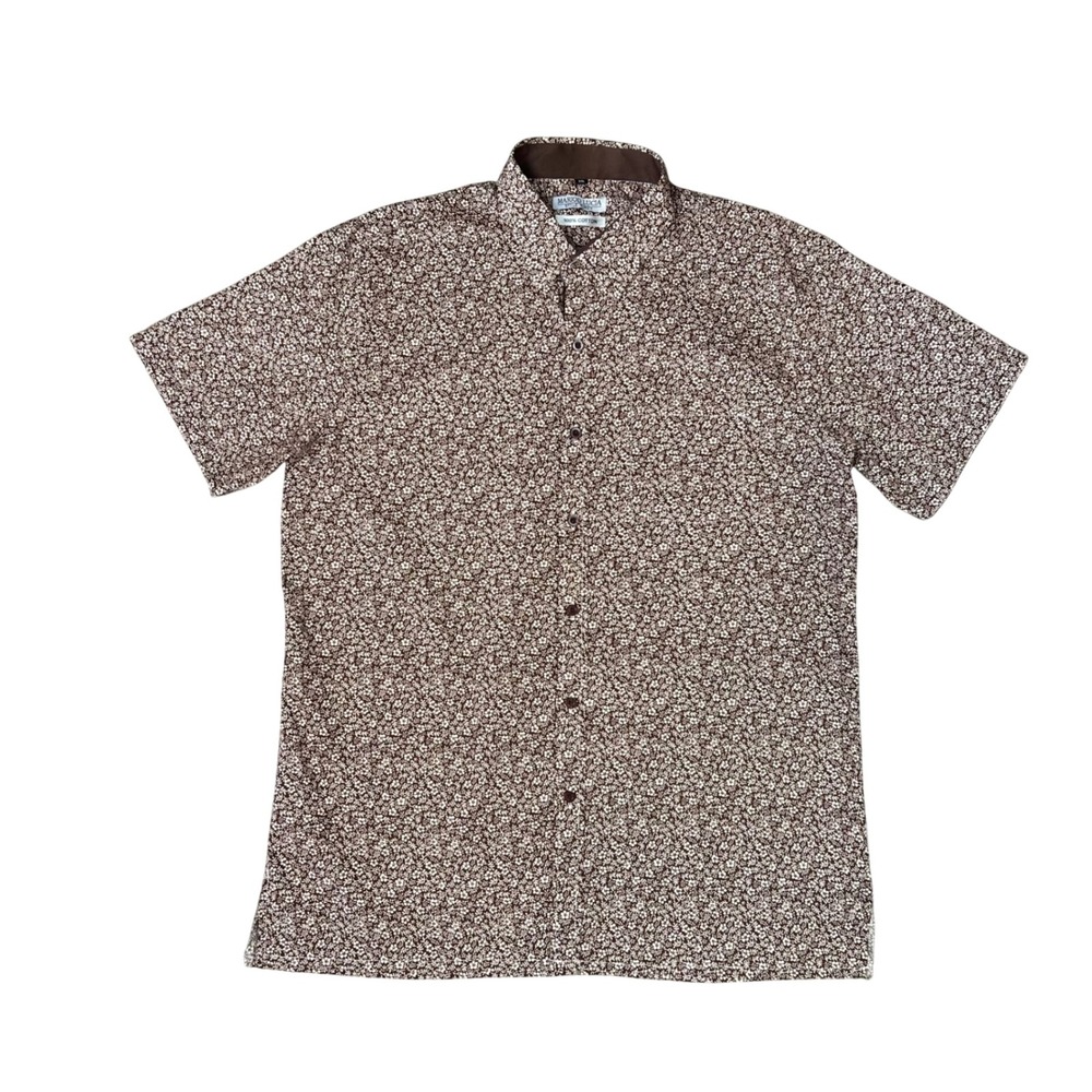 Mariod Lucia Mens XXL Brown White Floral Short Sleeve Cotton Button Down Shirt